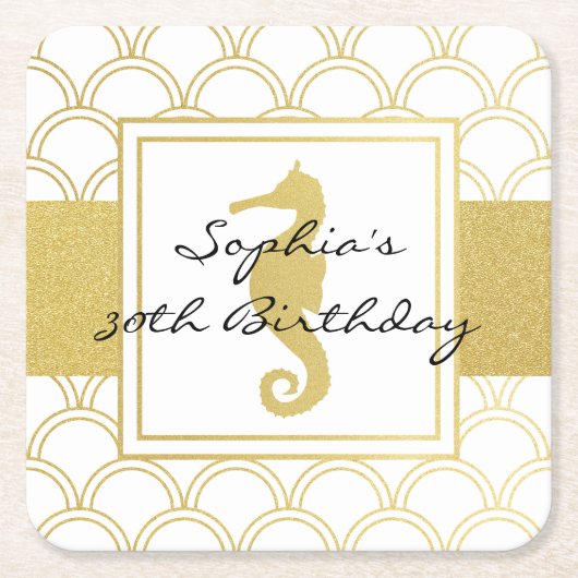 アールデコウェーブ金ゴールドグリッターシーホース誕生日パーティー スクエアペーパーコースター (正面)
