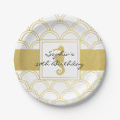 アールデコウェーブ金ゴールドグリッターシーホース誕生日パーティー ペーパープレート (正面)