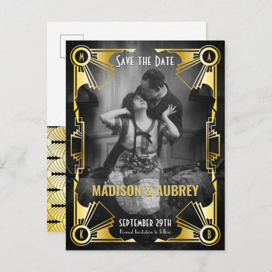 アールデコウエディングの保存日付の金ゴールドと黒い写真 案内ポストカード (正面/裏面)