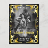 アールデコウエディングの保存日付の金ゴールドと黒い写真 案内ポストカード (正面)