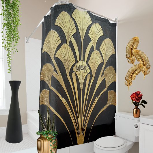 アールデコエジプトブラック金ゴールドモノグラムイニシャル シャワーカーテン