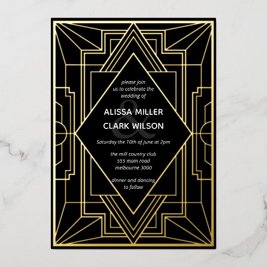 アールデコエレガントなウェディング金ゴールド 箔招待状 (正面)