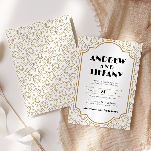 アールデコエレガントギャツビー1920年代の白結婚金ゴールド 招待状