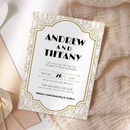 アールデコエレガントギャツビー1920年代の白結婚金ゴールド 招待状