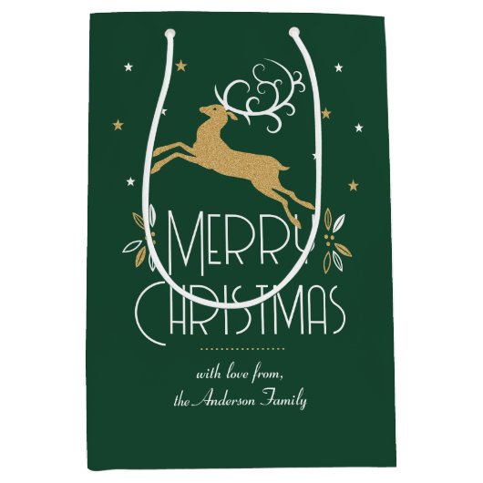 アールデコエレガントクリスマストナディアグリーン金ゴールド ミディアムペーパーバッグ (正面)