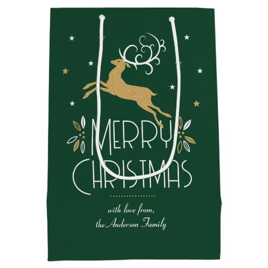 アールデコエレガントクリスマストナディアグリーン金ゴールド ミディアムペーパーバッグ (裏面)