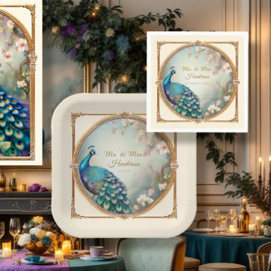 アールデコエレガントピーコク結婚の花 スタンダードカクテルナプキン