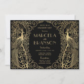 アールデコエレガントピーコック金ゴールド婚約パーティ 招待状 (正面)