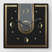 アールデコエレガントブラックと金ゴールド スクエア壁時計 (正面)