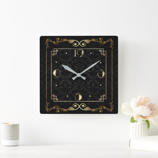アールデコエレガントブラックと金ゴールド スクエア壁時計 (ホーム)