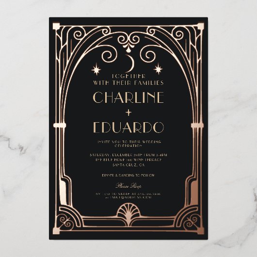 アールデコエレガントブラック金ゴールド20クラシックs結婚の 箔招待状 (正面)
