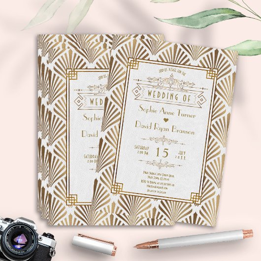 アールデコエレガントホワイト金ゴールドギャツビー20結婚s 招待状