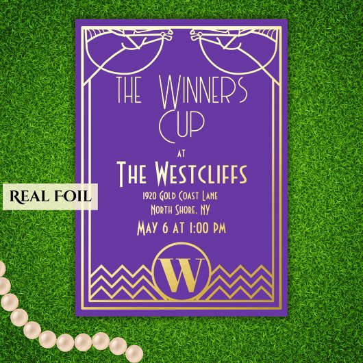 アールデコエレガントホースダービーパーティーパープル金ゴールド 箔招待状