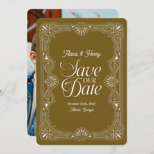 アールデコエレガントヴィンテージ結婚式の日付の保存 招待状 (正面/裏面)