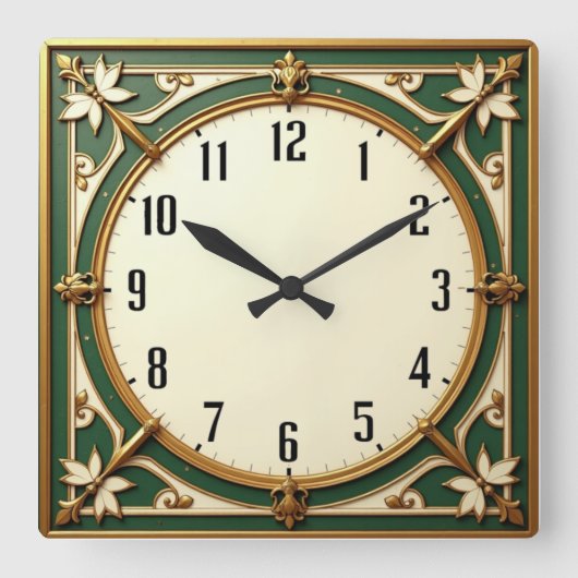 アールデコエレガント緑 スクエア壁時計 (正面)