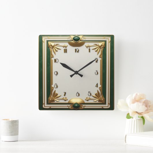 アールデコエレガント緑 スクエア壁時計 (ホーム)