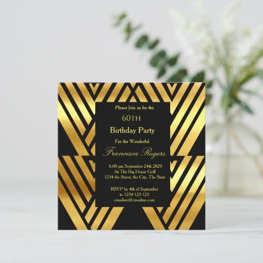 アールデコエレガント60th誕生日パーティー金ゴールドブラックイン 招待状 (スタンド正面)