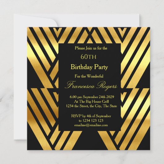 アールデコエレガント60th誕生日パーティー金ゴールドブラックイン 招待状 (正面)