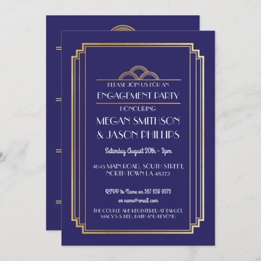 アールデコエンゲージメントパーティー招待状 ネイビー ゴールド 1920年代 招待状 (正面/裏面)