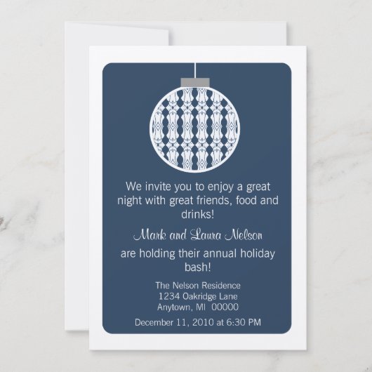 アールデコオーナメントクリスマスパーティー | ブルー 招待状 (正面)