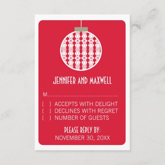 アールデコオーナメントホリデーウェディングRSVPカードレッド 出欠カード (正面)
