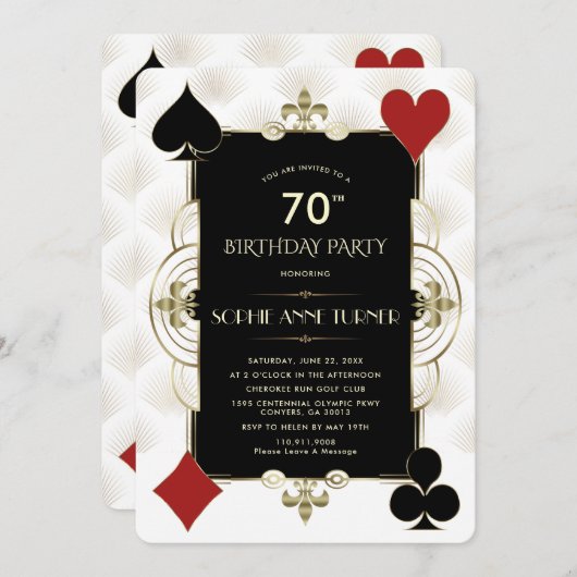 アールデコカジノロイヤルトランプのポーカーウーマン70誕生日 招待状 (正面/裏面)