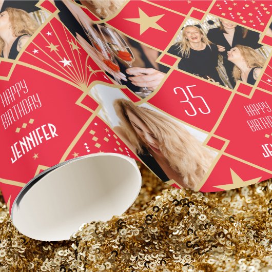 アールデコカスタムの年齢の名前と写真誕生日赤 ラッピングペーパー