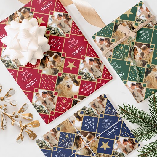 アールデコカスタムクリスマス写真赤緑青3 ラッピングペーパーシート