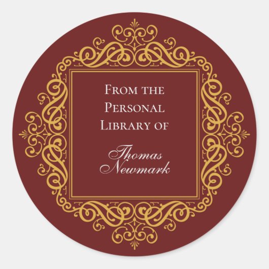 アールデコカスタムダークレッド&金ゴールドラウンド蔵書票 ラウンドシール (正面)