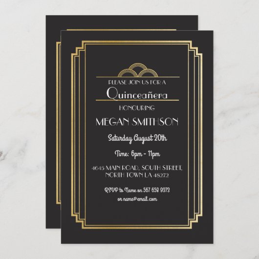 アールデコキンセアニェラ誕生日パーティー招待状金ゴールド15 招待状 (正面/裏面)