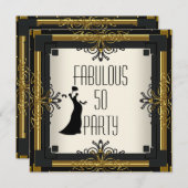 アールデコギャツビー素晴らしい50 50th金ゴールドクリームブラック 招待状 (正面/裏面)