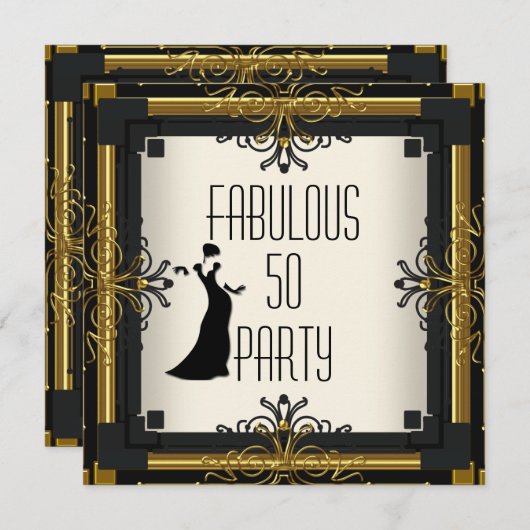 アールデコギャツビー素晴らしい50 50th金ゴールドクリームブラック 招待状 (正面/裏面)