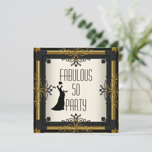 アールデコギャツビー素晴らしい50 50th金ゴールドクリームブラック 招待状 (スタンド正面)