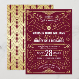 アールデコギャツビー結婚の金ゴールドエレガントバーガンディ 招待状