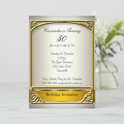 アールデコクリーム金ゴールド50番目の誕生日招待状 招待状 (スタンド正面)