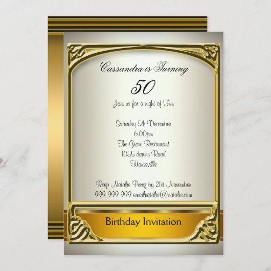 アールデコクリーム金ゴールド50番目の誕生日招待状 招待状 (正面/裏面)