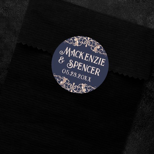 アールデコグラマー |ネイビーブルーバラ結婚金ゴールド ラウンドシール