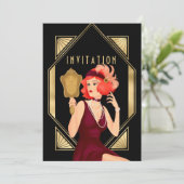 アールデコグラムガール40th誕生日金ゴールドブラック 招待状 (スタンド正面)