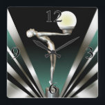 アールデコグラム新しい |ティール（緑がかった色） スクエア壁時計<br><div class="desc">1920年エレガントのグラマラスなハリウッドを彷彿とさせるギャツビースタイルの新しいデザインである球体を持つグラムのフラッパー型サイレンを特徴とす白熱［赤熱］光を放つる、上品なウォールクロック。来5色。一致する結婚式招待状、日付を保存する、RSVP、カクテルナプキン&その他の利用可能。フェイスブックに載ってる？質問の場合は、別の色を要求するか、このデザインを特徴とする他の項目連絡には、私： cheryl@cheryldanielsart.com。チェリル・ダニエルスの「アールデコグラム新しい」 © 2015.</div>