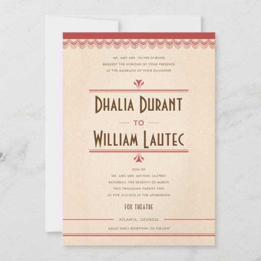 アールデコグランジヴィンテージレッド結婚と羊皮紙 招待状 (正面)