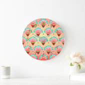 アールデココーラルピンクの花 ラージ壁時計 (ホーム)