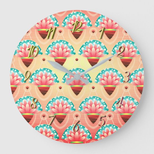 アールデココーラルピンクの花 ラージ壁時計 (正面)