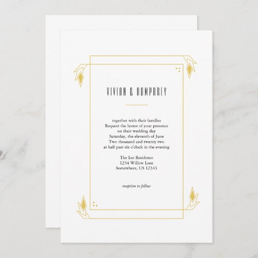 アールデコゴミニマルールデンイエロー結婚式招待状 招待状 (正面/裏面)