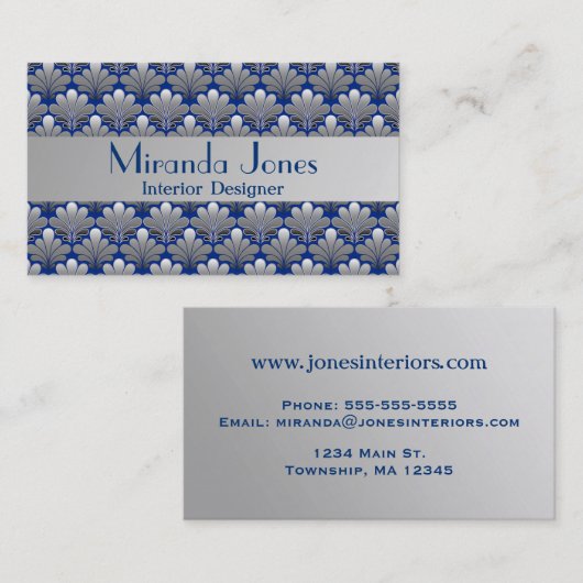 アールデコシェルパターン、シルバー、コバルトブルーブ 名刺 (正面/裏面)