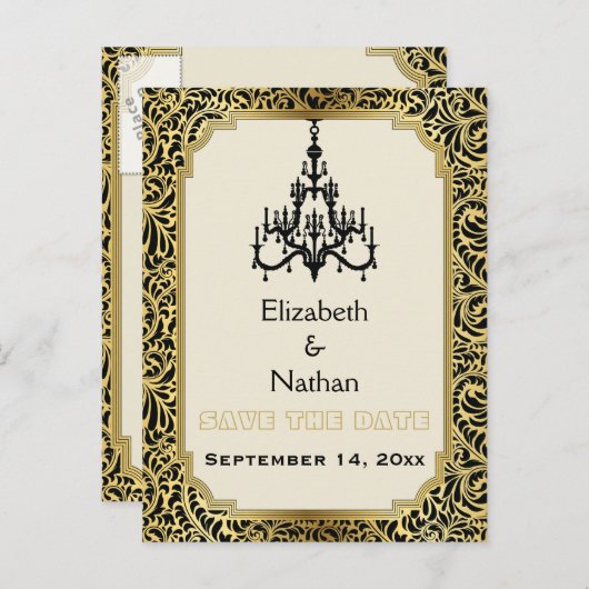 アールデコシャンデリア結婚式の日付を保存 案内ポストカード (正面/裏面)