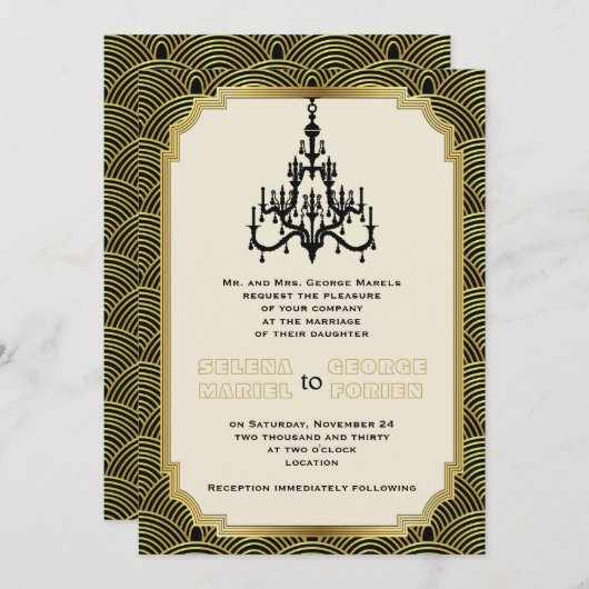 アールデコシャンデリア黒番金ゴールドセイガイハ結婚ズ 招待状 (正面/裏面)