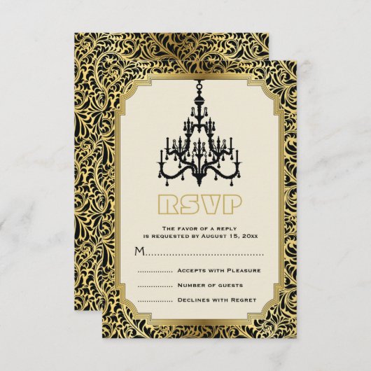 アールデコシャンデリア黒、金ゴールド結婚式RSVP 出欠カード (正面/裏面)