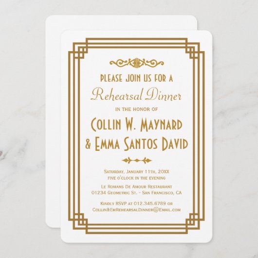 アールデコシンプルホワイトリハーサルディナー招待状 招待状 (正面/裏面)