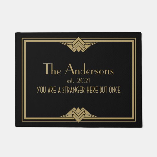 アールデコジオメトリ黒金ゴールドファミリ名Doormat ドアマット (正面)