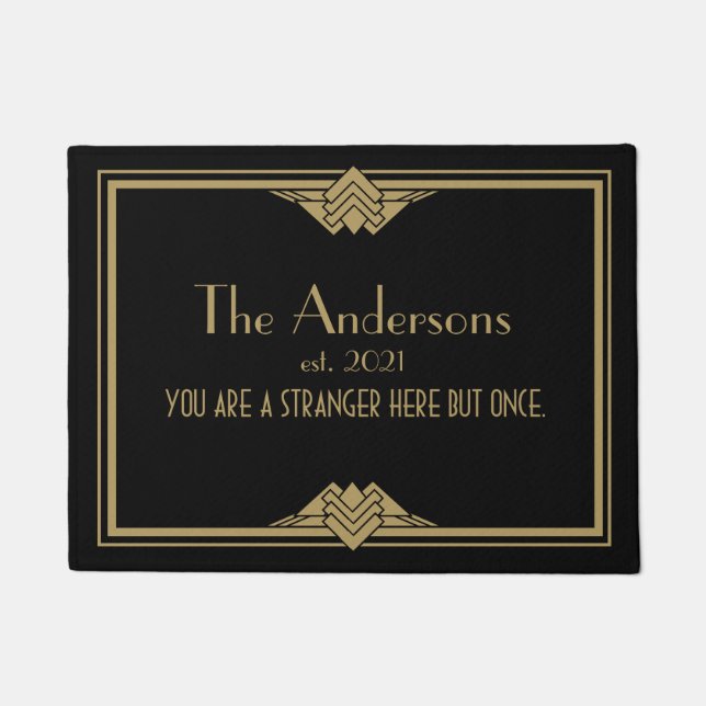 アールデコジオメトリ黒金ゴールドファミリ名Doormat ドアマット (正面)